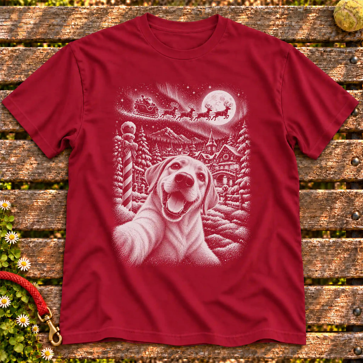 Labrador Retriever Santa Selfie design on a Cardinal Red T-shirt