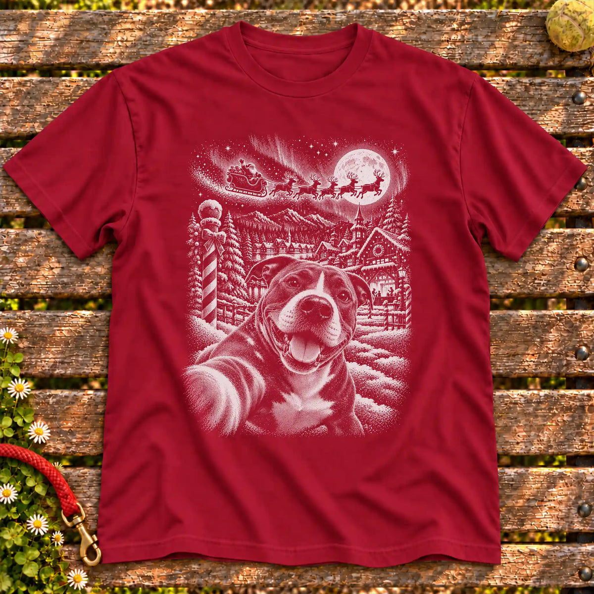 Pitbull Santa Selfie design on a Cardinal Red T-shirt