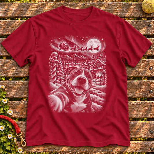 Pitbull Santa Selfie design on a Cardinal Red T-shirt