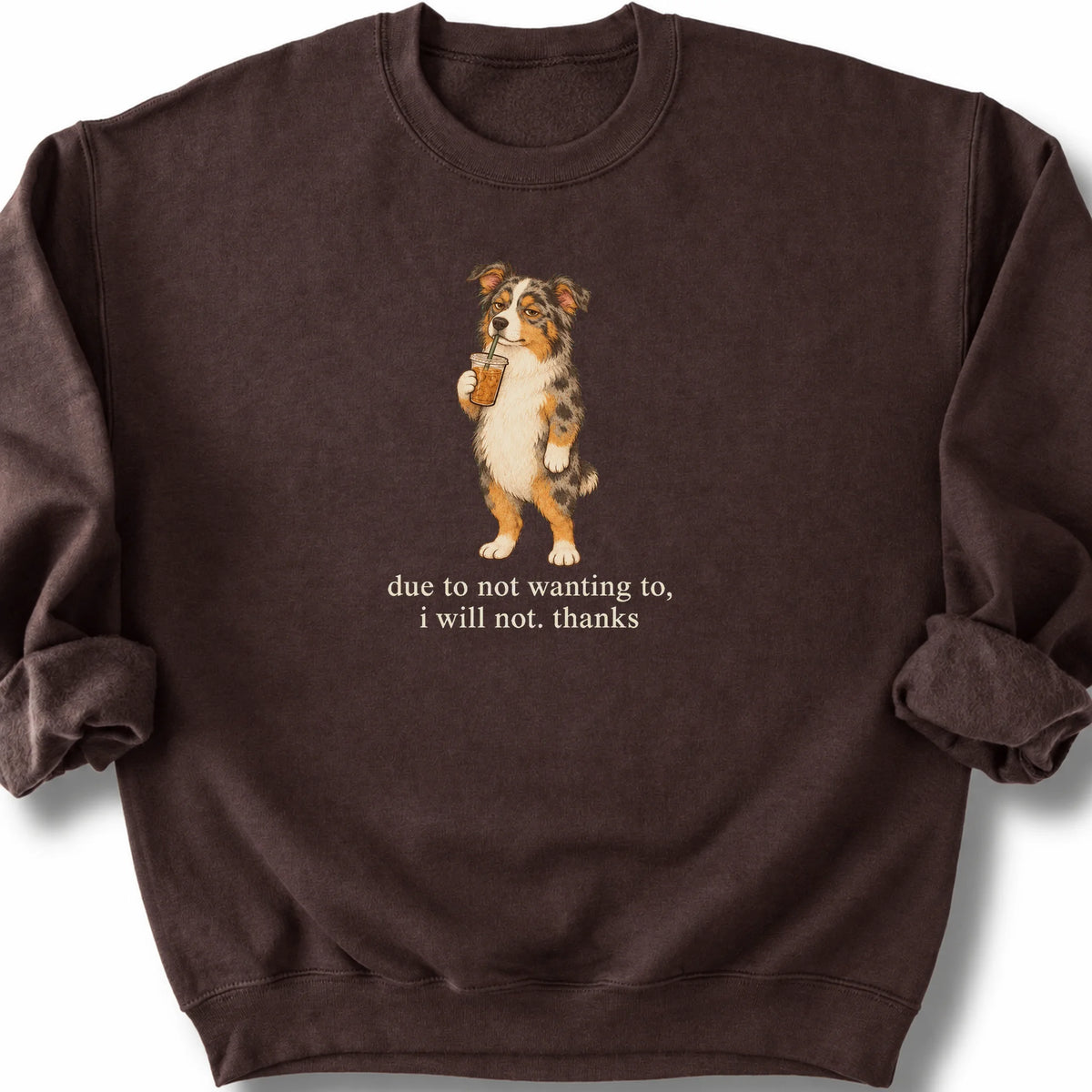 Australian Shepherd I Will Not design with iced coffee on a dark chocolate sweatshirt