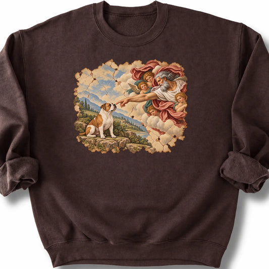 American Bulldog Creation of Adam design on a dark chocolate sweatshirt