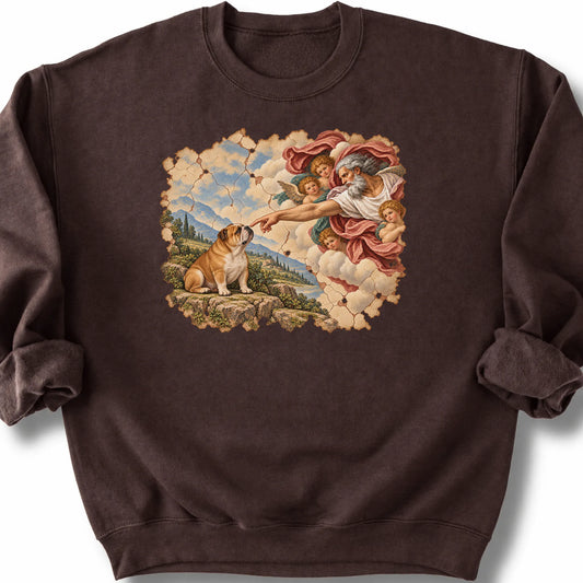 Bulldog Creation of Adam design on a dark chocolate sweatshirt