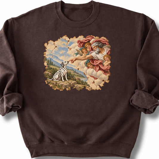 Dalmatian Creation of Adam design on a dark chocolate sweatshirt