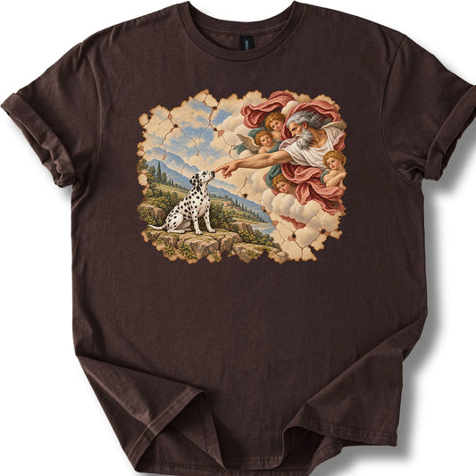 Dalmatian Creation of Adam design on a dark chocolate T-shirt