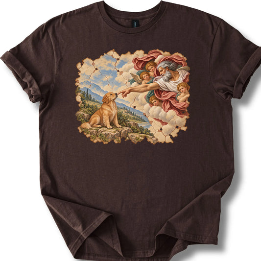 Golden Retriever Creation of Adam design on a dark chocolate T-shirt