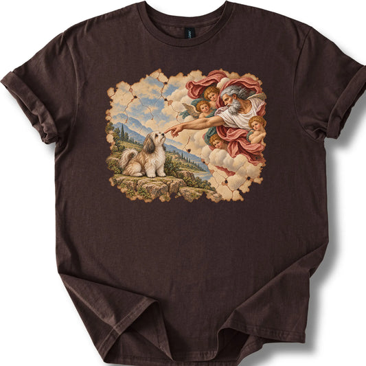 Havanese Creation of Adam design on a dark chocolate T-shirt