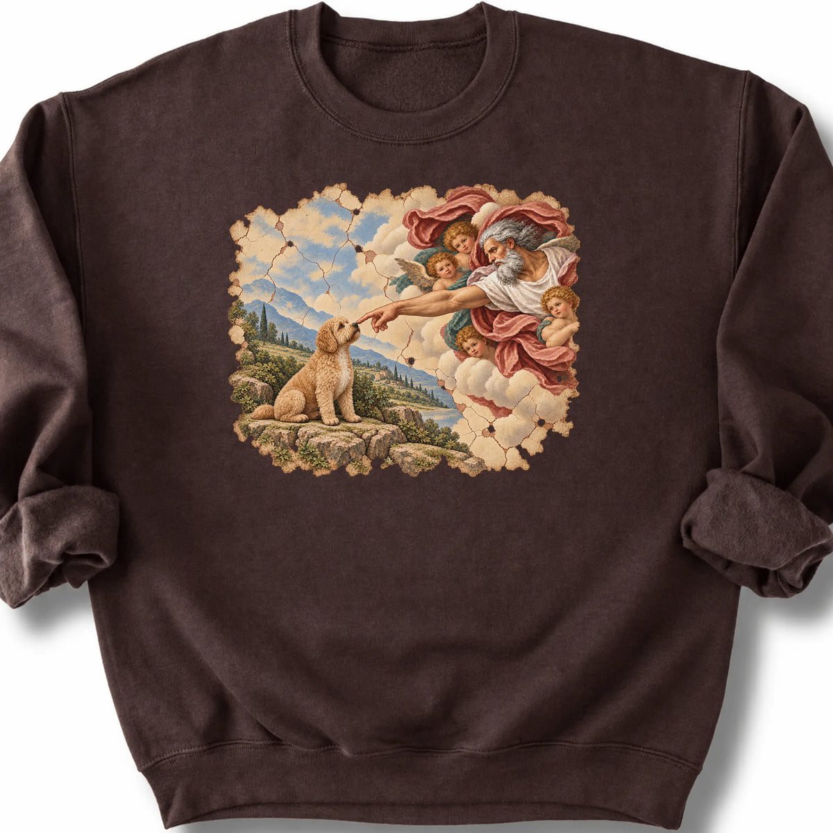 Labradoodle Creation of Adam design on a dark chocolate sweatshirt