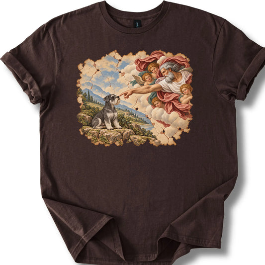 Schnauzer Creation of Adam design on a dark chocolate T-shirt