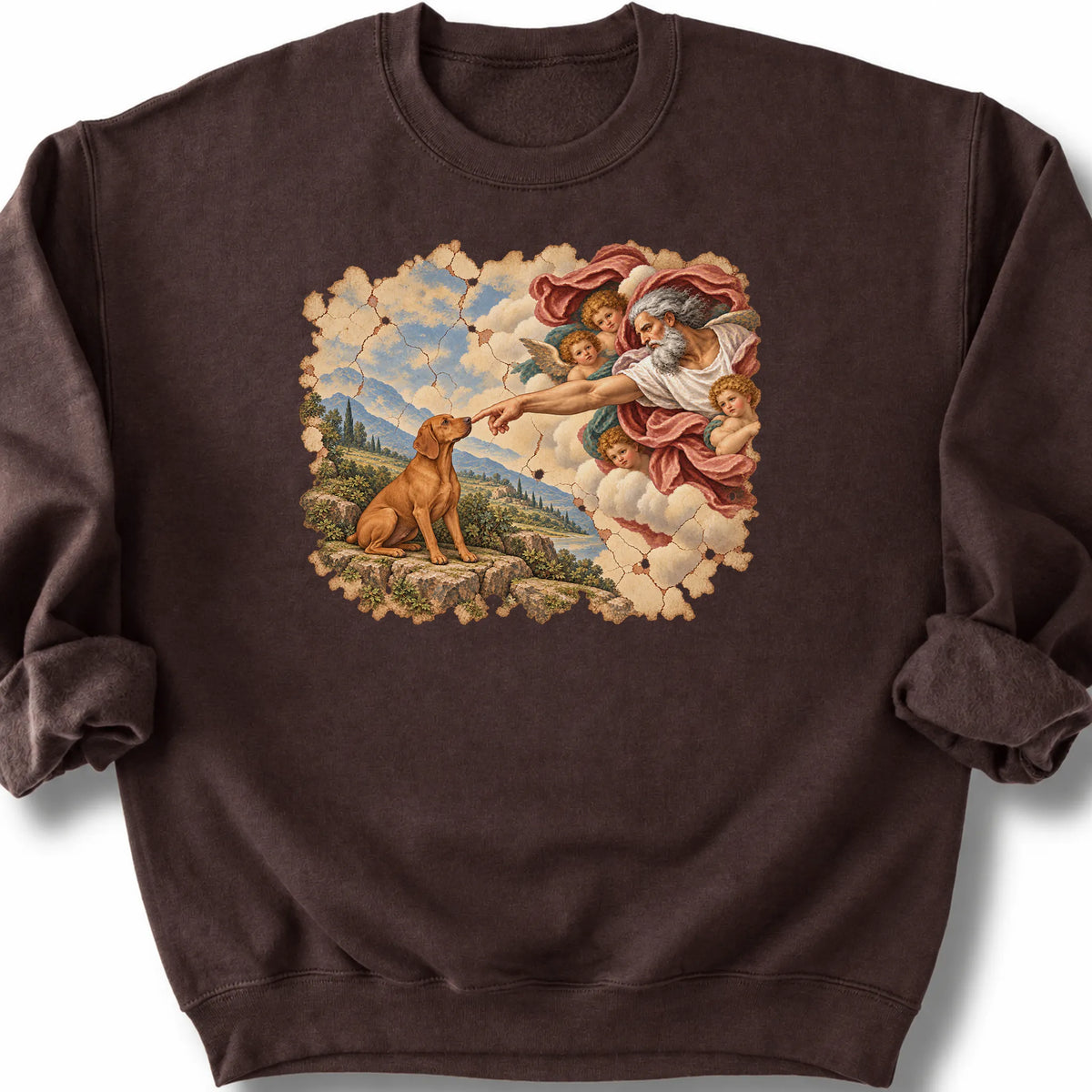 Vizsla Creation of Adam design on a dark chocolate sweatshirt