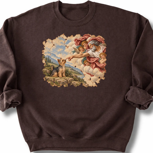 Yorkie Creation of Adam design on a dark chocolate sweatshirt