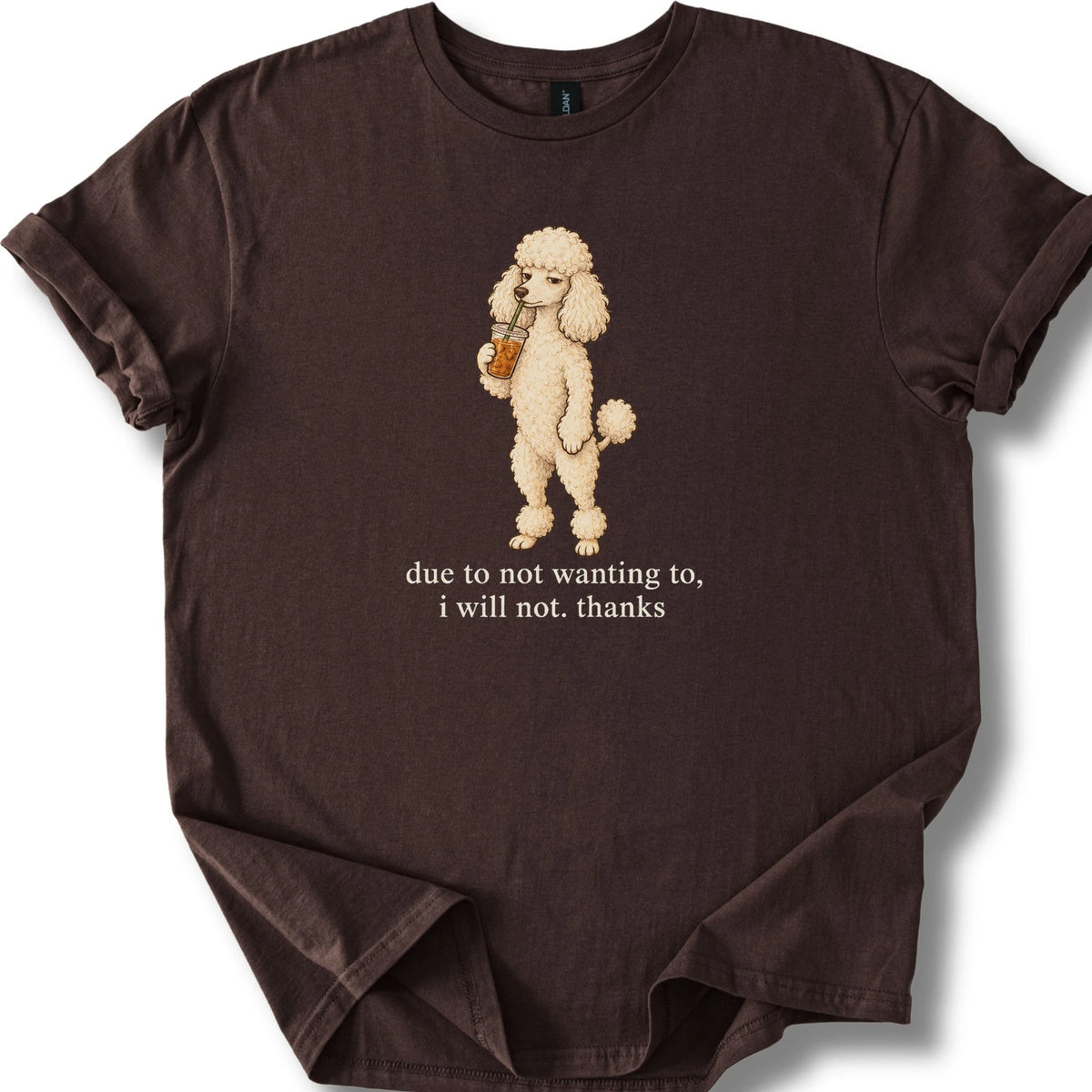 Poodle I Will Not design with iced coffee on a dark chocolate T-shirt