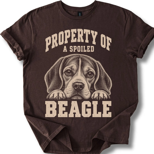 Dark Chocolate Beagle T-shirt with a dog portrait and “Property of a Spoiled” lettering.