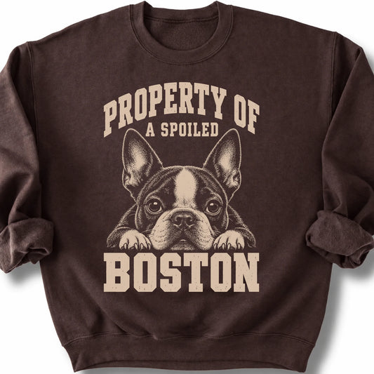 Dark Chocolate Boston Terrier sweatshirt with a dog portrait and “Property of a Spoiled” lettering.