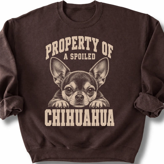 Dark Chocolate Chihuahua sweatshirt with a dog portrait and “Property of a Spoiled” lettering.