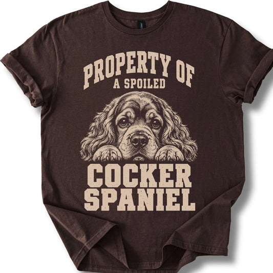 Dark Chocolate Cocker Spaniel T-shirt with a dog portrait and “Property of a Spoiled” lettering.