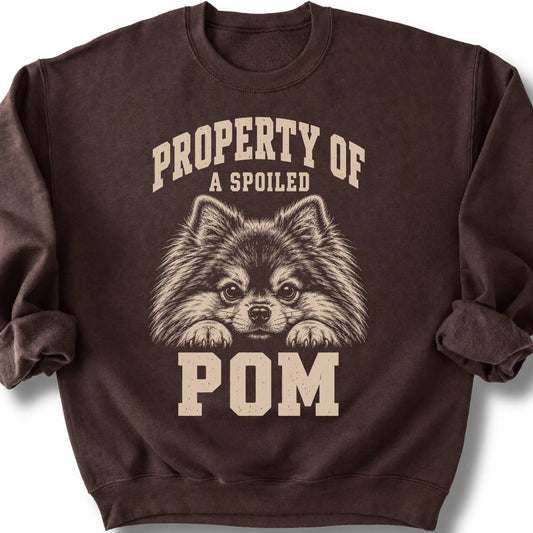Dark Chocolate Pomeranian sweatshirt with a dog portrait and “Property of a Spoiled” lettering.