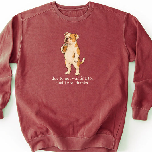 American Bulldog I Will Not design with iced coffee on a crimson sweatshirt