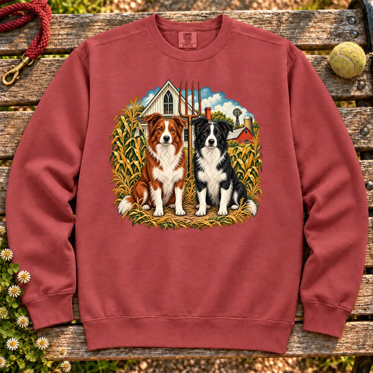 American Dogthic Border Collie farmhouse design on a Crimson Comfort Colors® sweatshirt
