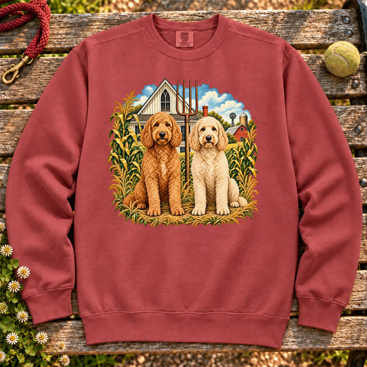 American Dogthic Goldendoodle farmhouse design on a Crimson Comfort Colors® sweatshirt