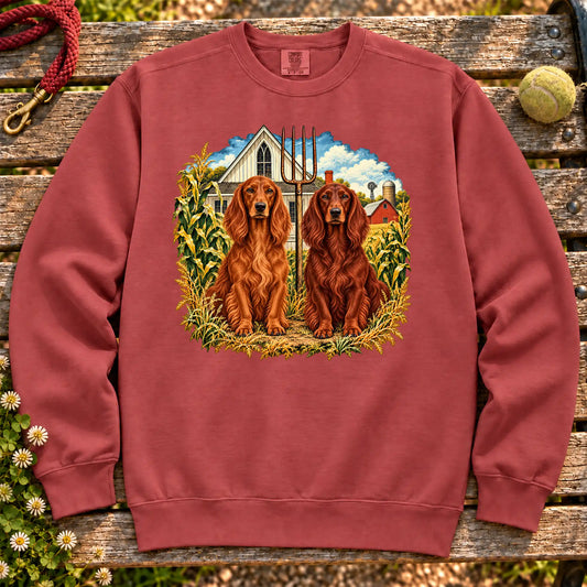 American Dogthic Irish Setter farmhouse design on a Crimson Comfort Colors® sweatshirt