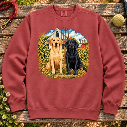 American Dogthic Labrador Retriever farmhouse design on a Crimson Comfort Colors® sweatshirt