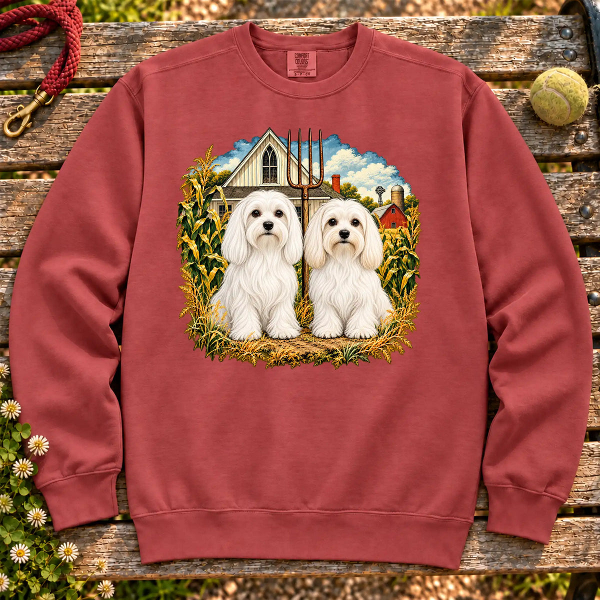 American Dogthic Maltese farmhouse design on a Crimson Comfort Colors® sweatshirt
