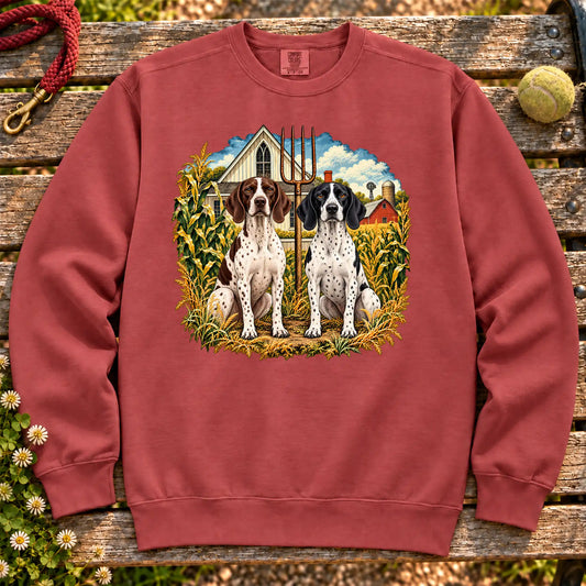 American Dogthic Pointer farmhouse design on a Crimson Comfort Colors® sweatshirt