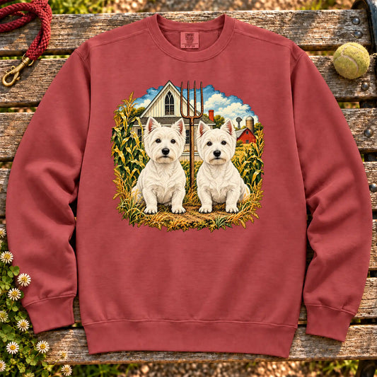 American Dogthic Westie farmhouse design on a Crimson Comfort Colors® sweatshirt