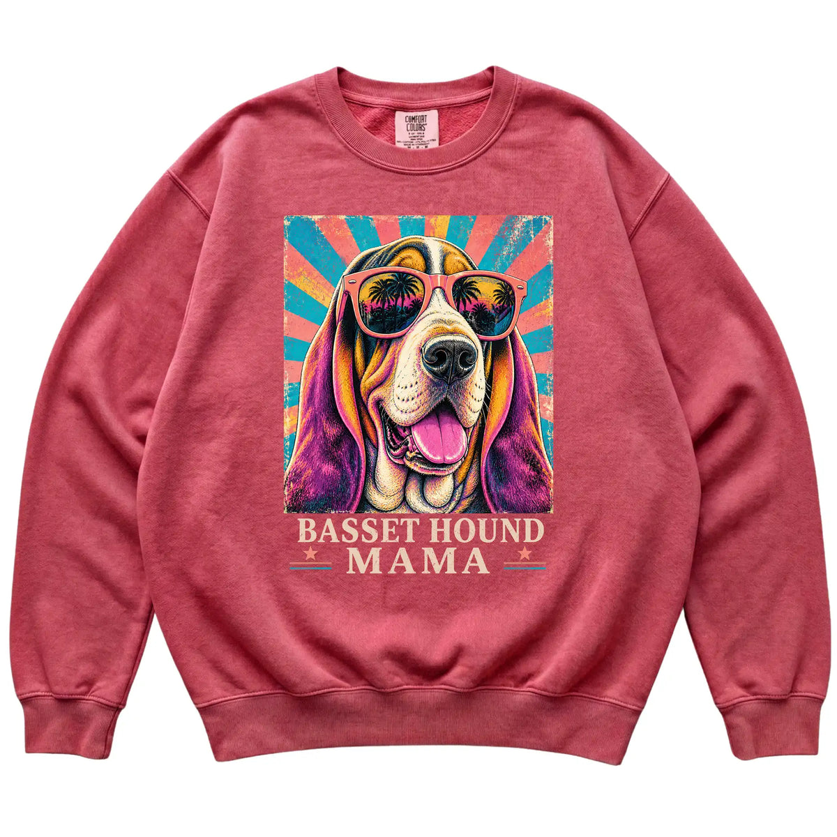 Retro Basset Hound Mama design on a Crimson Comfort Colors sweatshirt