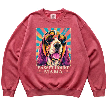 Retro Basset Hound Mama design on a Crimson Comfort Colors sweatshirt