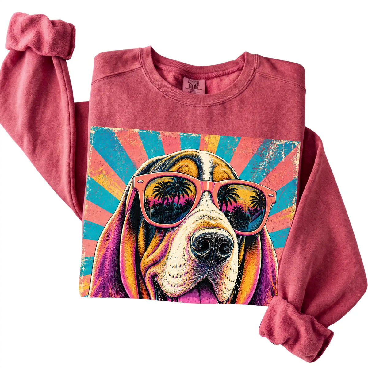 Folded Crimson Comfort Colors sweatshirt with a Retro Basset Hound Mama design