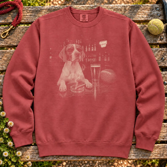 Pointer Beer and Football Shirt on a Crimson crewneck sweatshirt, shown flat