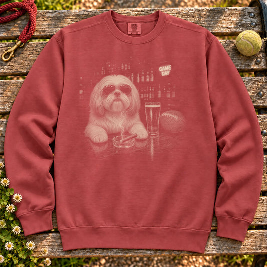 Shih Tzu Beer and Football Shirt on a Crimson crewneck sweatshirt, shown flat