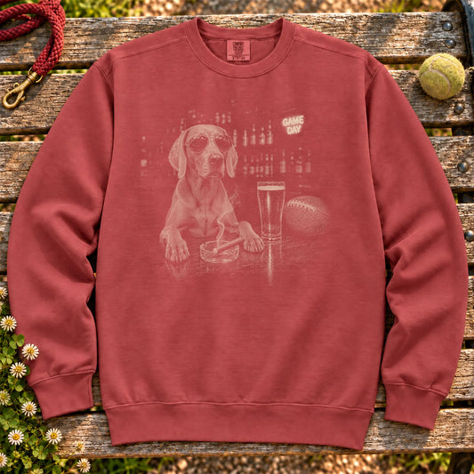 Weimaraner Beer and Football Shirt on a Crimson crewneck sweatshirt, shown flat