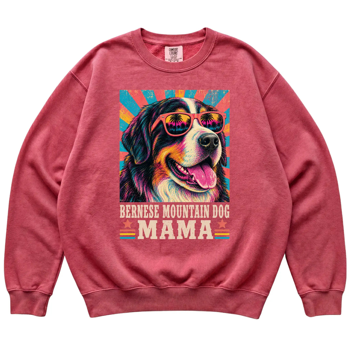 Retro Bernese Mountain Dog Mama design on a Crimson Comfort Colors sweatshirt