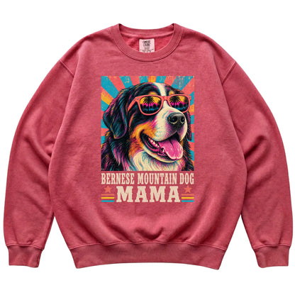 Retro Bernese Mountain Dog Mama design on a Crimson Comfort Colors sweatshirt