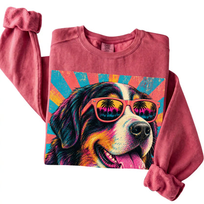 Folded Crimson Comfort Colors sweatshirt with a Retro Bernese Mountain Dog Mama design