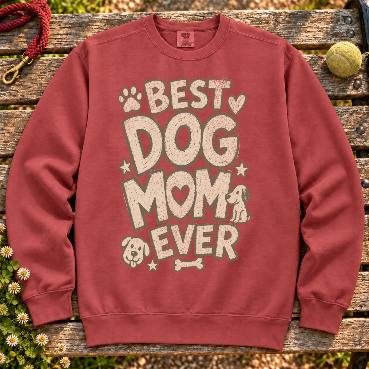 Best Dog Mom Ever on a Crimson crewneck sweatshirt, shown flat