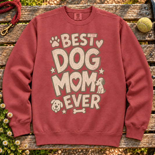 Best Dog Mom Ever on a Crimson crewneck sweatshirt, shown flat