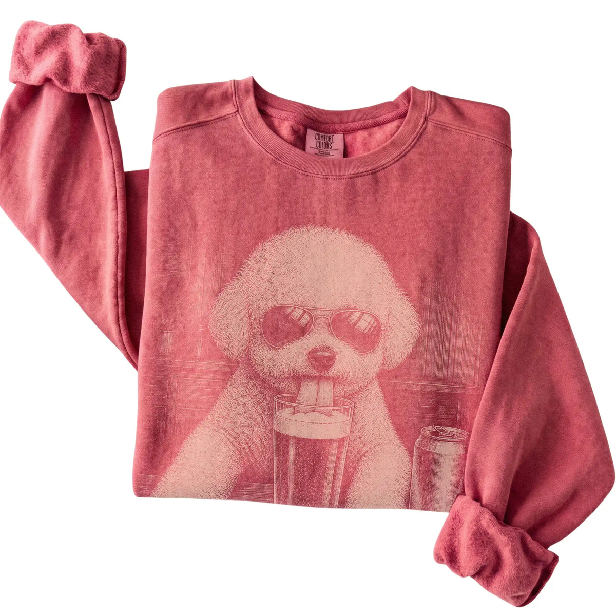 Crimson Bichon Frise drinking from a pint at a bar, folded detail view