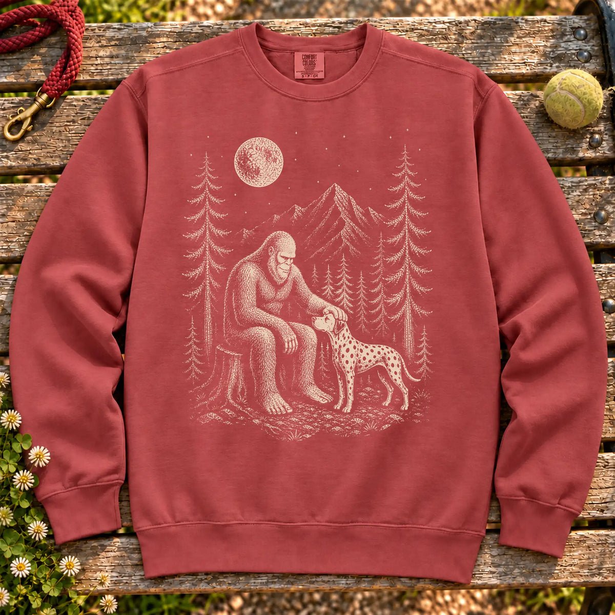 Dalmatian Bigfoot Petting on a Crimson crewneck sweatshirt, shown flat