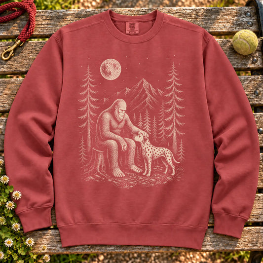 Dalmatian Bigfoot Petting on a Crimson crewneck sweatshirt, shown flat