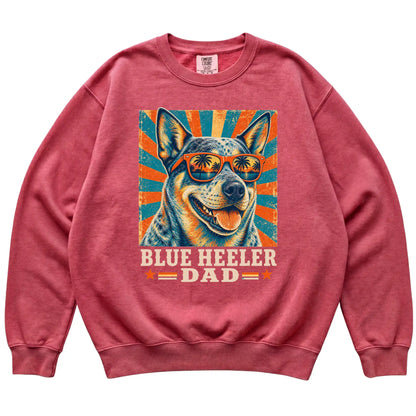 Retro Blue Heeler Dad design on a Crimson Comfort Colors sweatshirt