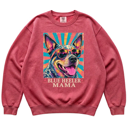 Retro Blue Heeler Mama design on a Crimson Comfort Colors sweatshirt