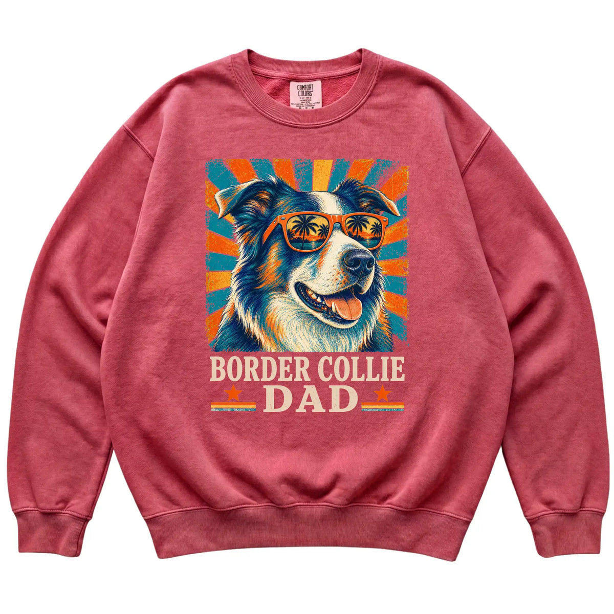 Retro Border Collie Dad design on a Crimson Comfort Colors sweatshirt