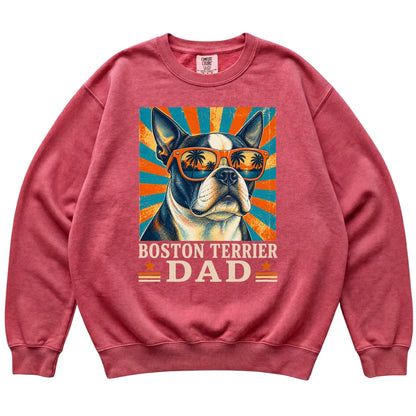 Retro Boston Terrier Dad design on a Crimson Comfort Colors sweatshirt