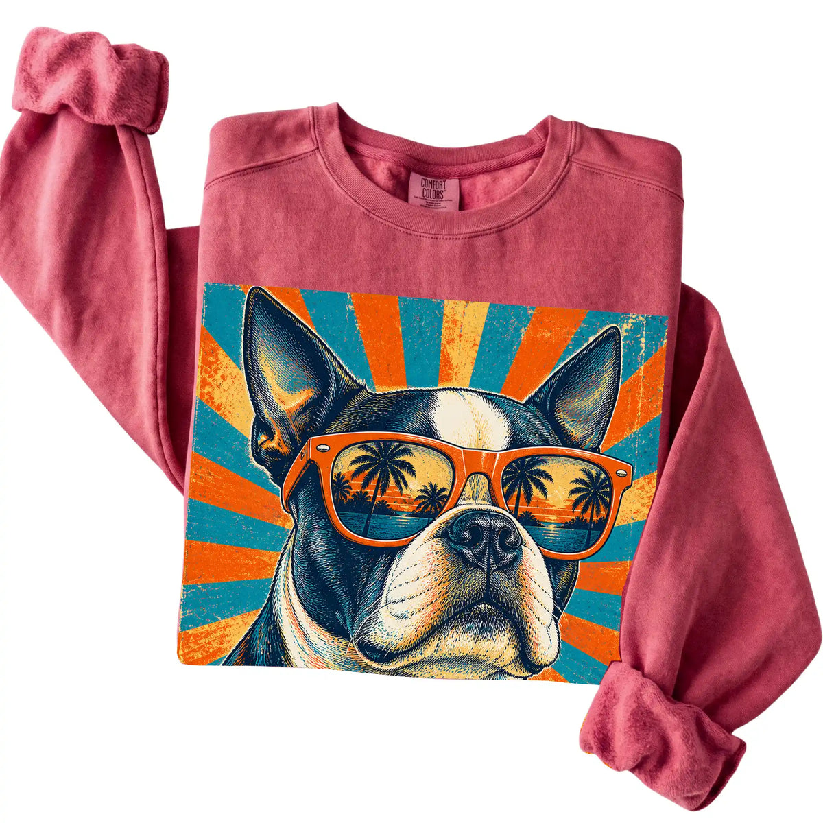 Folded Crimson Comfort Colors sweatshirt with a Retro Boston Terrier Dad design
