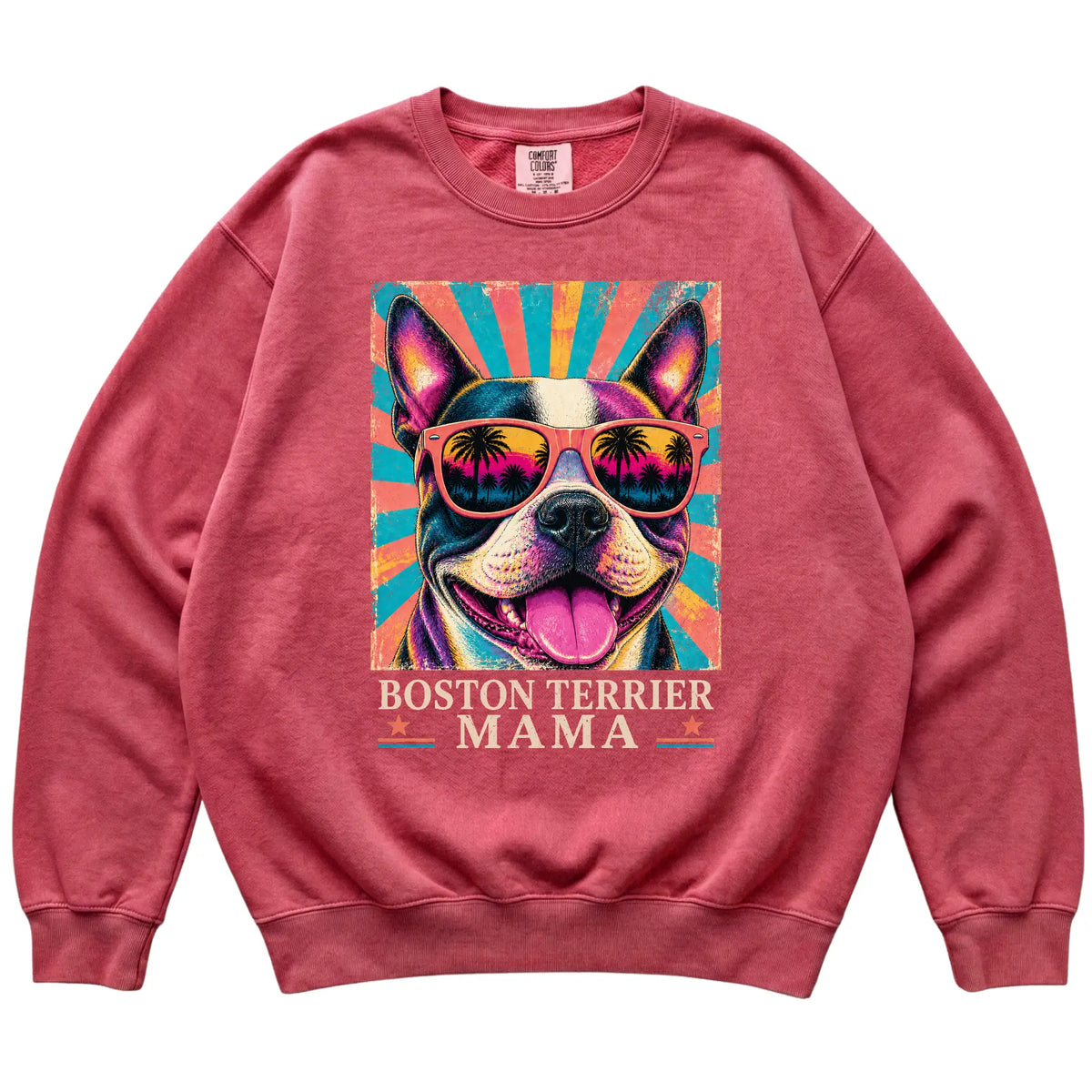 Retro Boston Terrier Mama design on a Crimson Comfort Colors sweatshirt