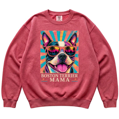 Retro Boston Terrier Mama design on a Crimson Comfort Colors sweatshirt