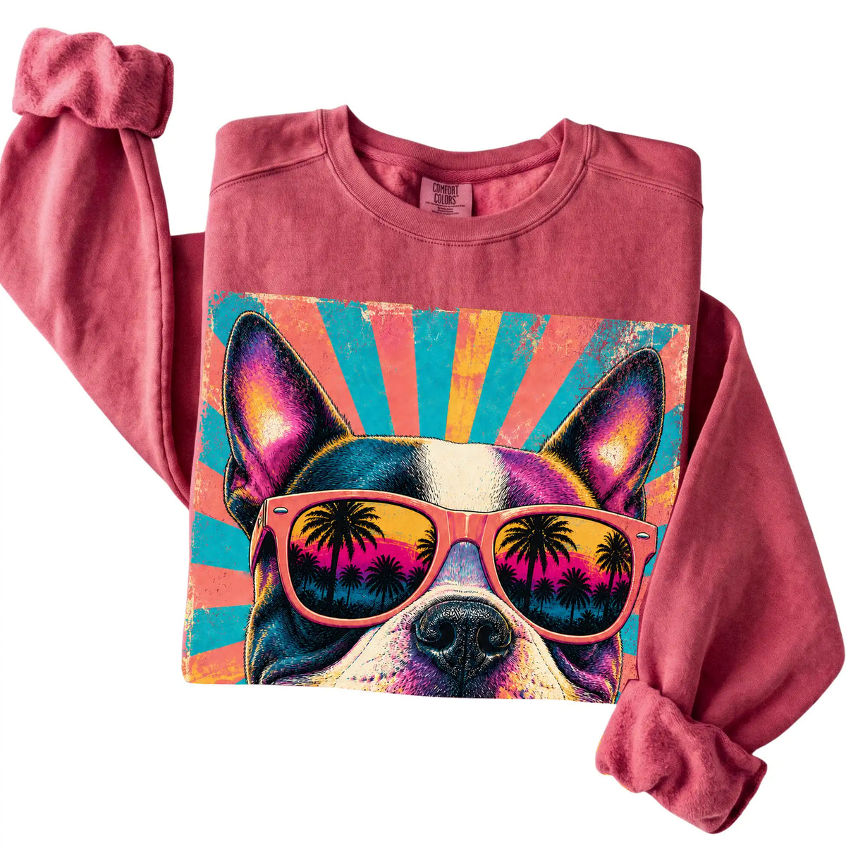 Folded Crimson Comfort Colors sweatshirt with a Retro Boston Terrier Mama design